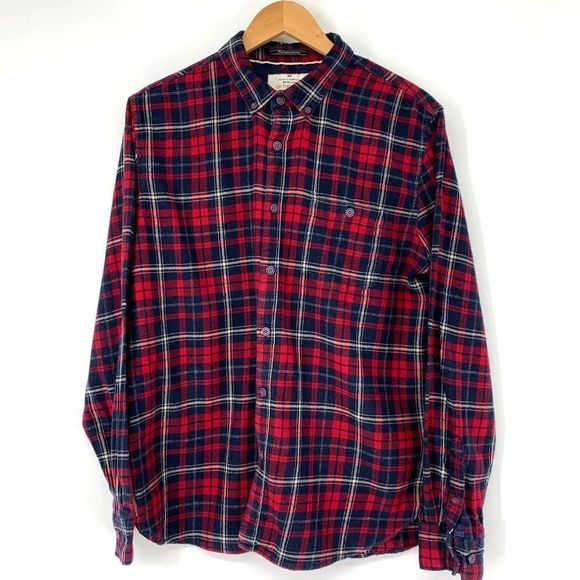 Mens On The Road Flannel Button Shirt  XL Slim Fit Plaid Red 3917 Cotton - Picture 1 of 6